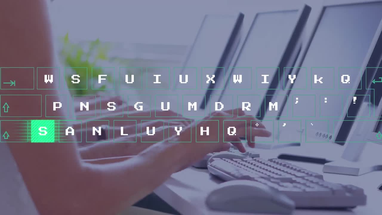 Animazione di tastiera virtuale sulla sezione centrale di diversi colleghi che utilizzano computer in ufficio.