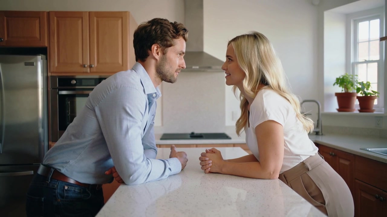 Coppia appoggiata, lui in camicia e lei in top, si avvicinano attraverso l'isola della cucina mentre i loro sguardi si incrociano e le mani si stringono.