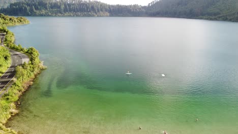 blue lake, palm forest road and tourist on paddle bord 4k drone shot in new zealand