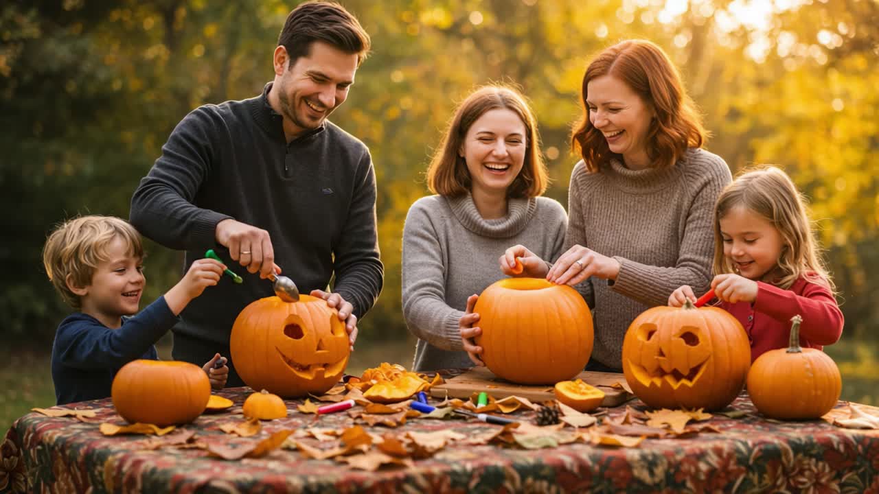 Family Bonding and Creativity: A Delightful Pumpkin Carving Experience During Autumn, Bringing Joy and Laughter Amidst Colorful Leaves and Festive Atmosphere