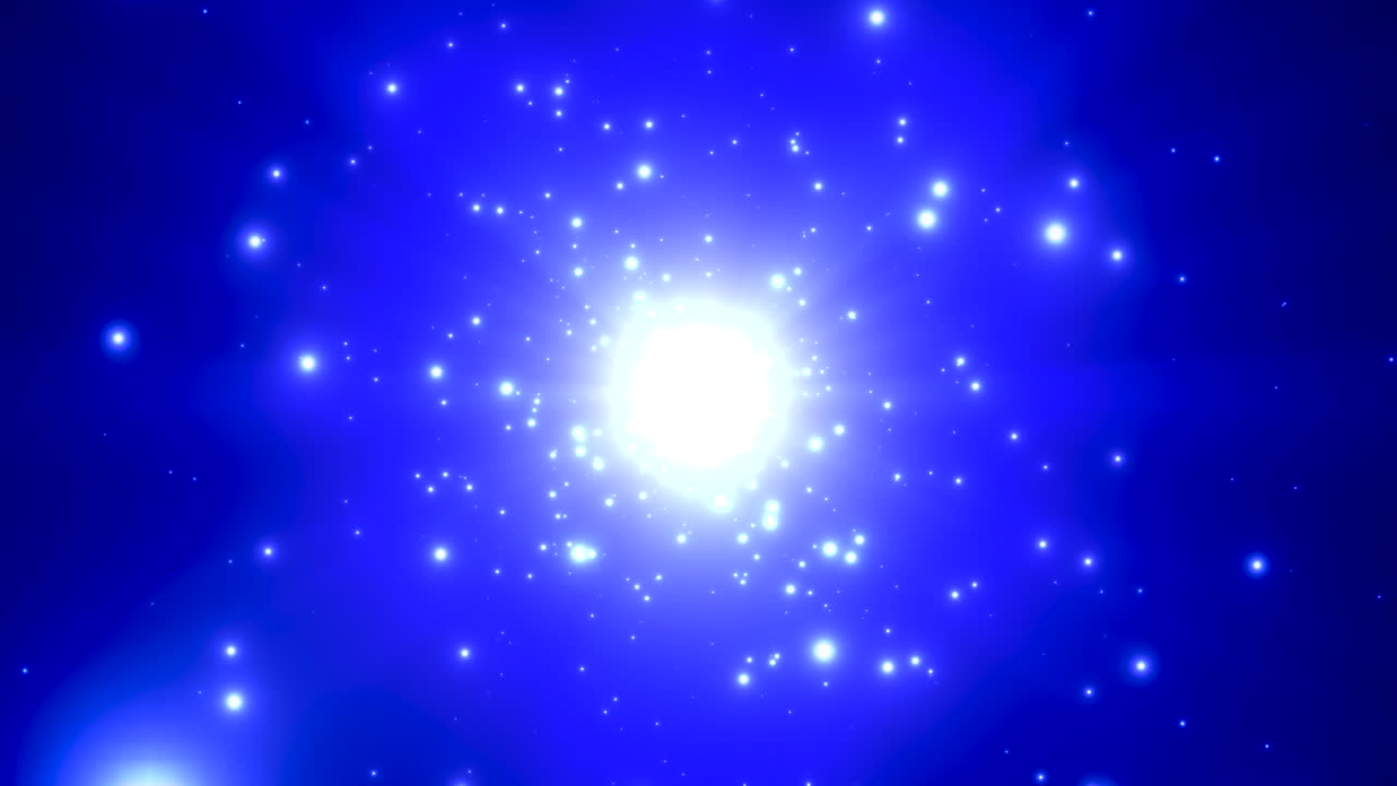 어두운 별이 빛나는 은하계에서 푸른 별과 반짝임 비행