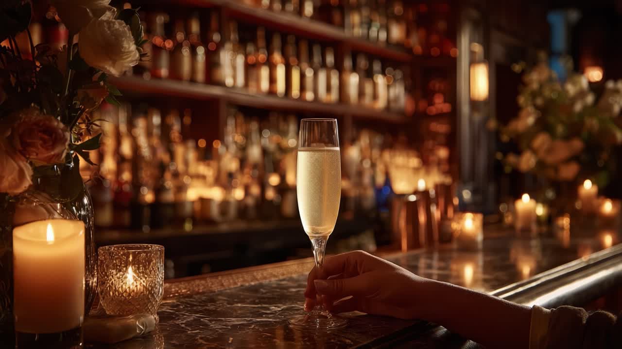 Una serata elegante al bar: un primo piano di un bicchiere di champagne circondato da un'illuminazione romantica e un arredamento sofisticato.