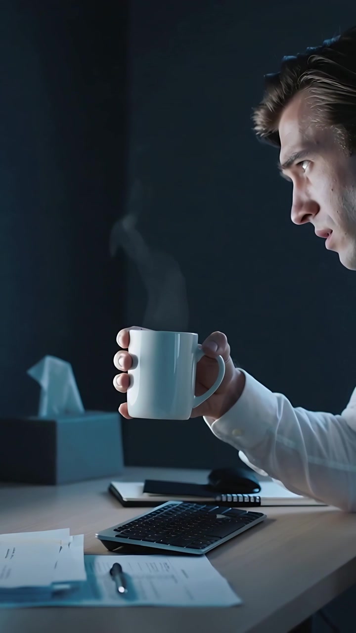 Vertical video: Seeing mug, man in shirt reaching lifting hot white mug reading at desk, copy space