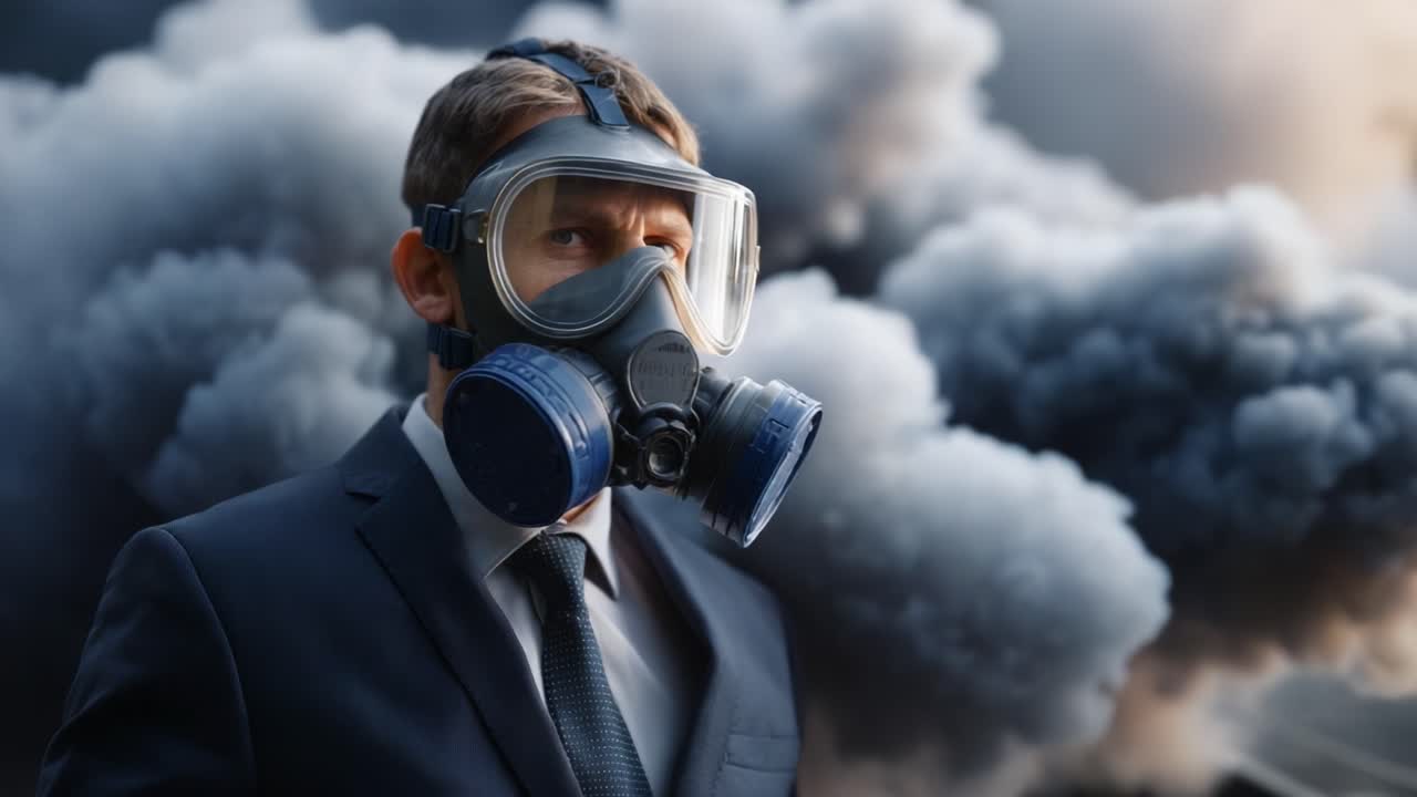 A Resilient Figure in a Gas Mask Amidst Dark Smoke, Symbolizing Preparedness and Determination in the Face of Adversity and Environmental Threats