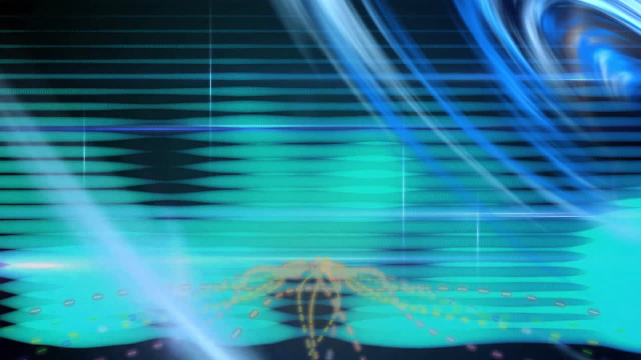 Cyan and teal waveforms flowing across flat design scene mixing yellow dots and swirling light arc