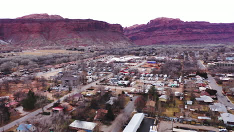 aerial view of the traffic scene and city life in midway utah at winter