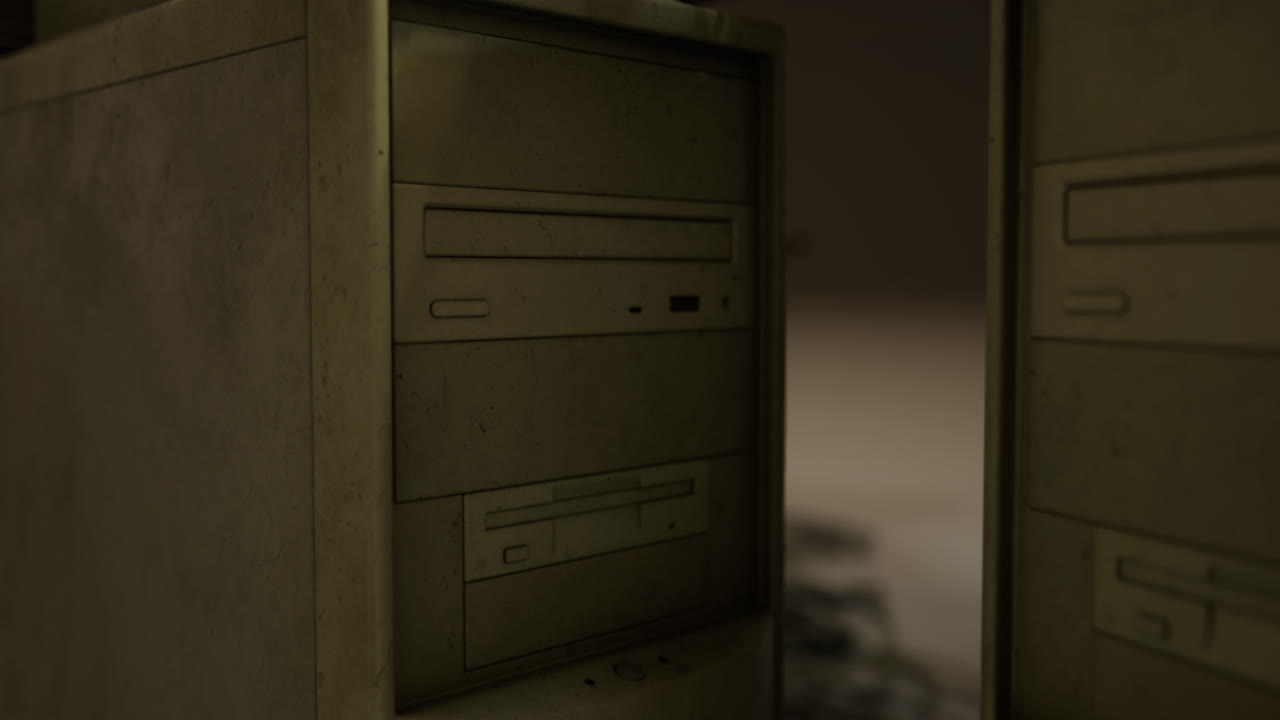 Abandoned computer equipment in dusty storage room highlights neglect