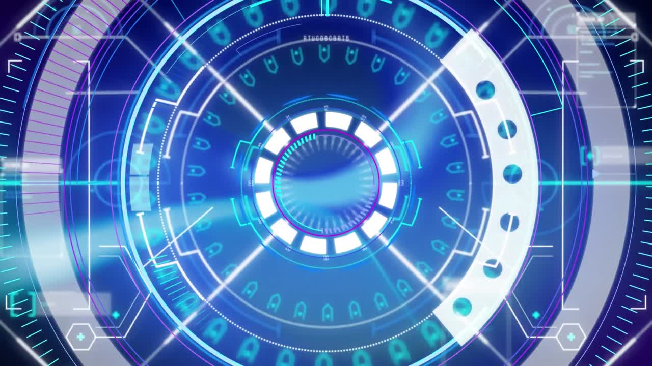 파란색 둥근 스캐너와 파란색 배경에 디지털 인터페이스의 디지털 애니메이션