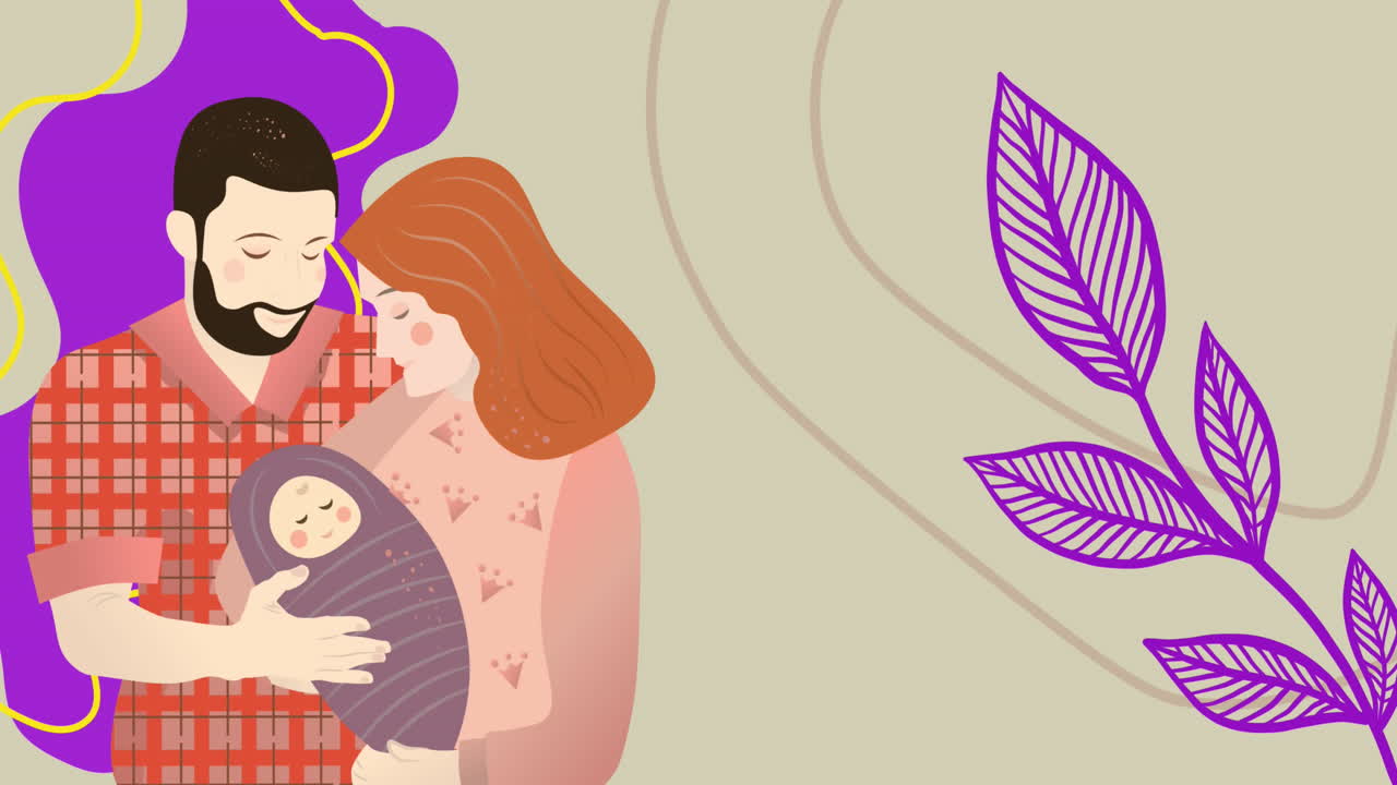 Animación de la ilustración de padres sonrientes sosteniendo a un bebé, con formas orgánicas y hojas moradas