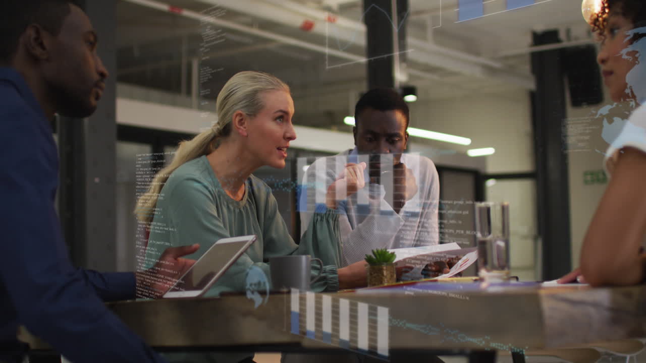 Animation of financial data processing over diverse business people in office