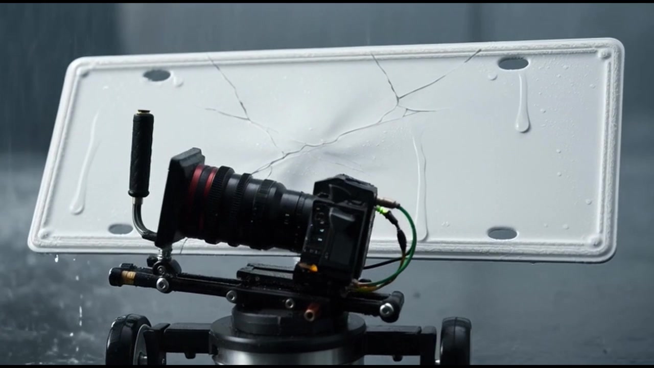 Rig professionale per telecamera che riprende una targa bianca crepata sotto la pioggia