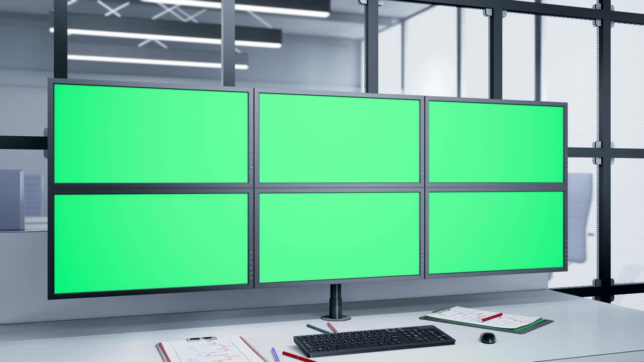 각 카메라 슬라이드에 설치된 여러 모니터 근처에 크로마 키가 있습니다.