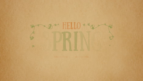 hello spring with green spring flowers on retro paper