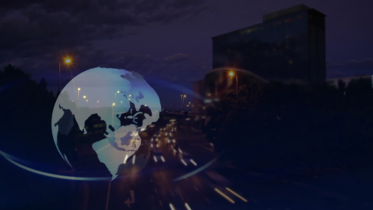 Glowing globe and data connections animation over cityscape at night
