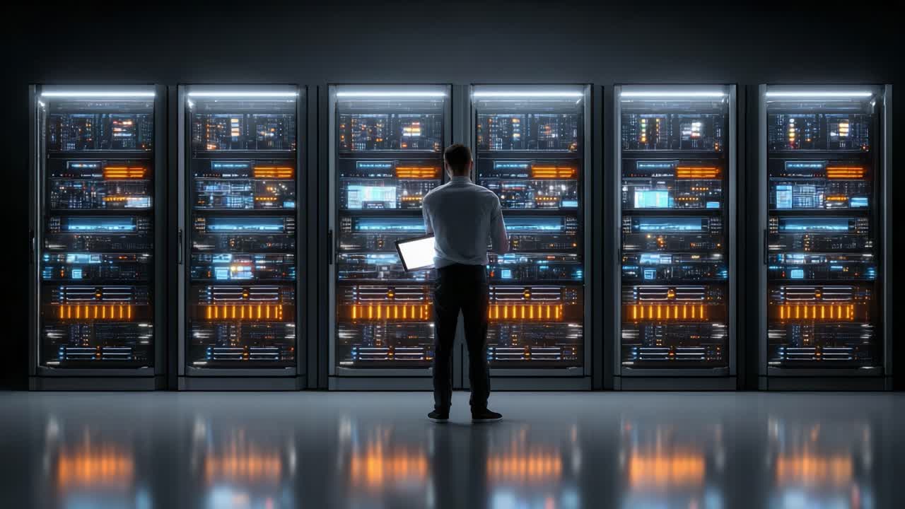 A Technological Frontier: An IT Professional Analyzing Data on a Laptop Amidst High-Tech Server Racks in a Modern Data Center Environment