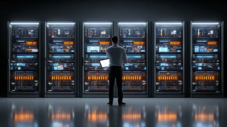 A Technological Frontier: An IT Professional Analyzing Data on a Laptop Amidst High-Tech Server Racks in a Modern Data Center Environment