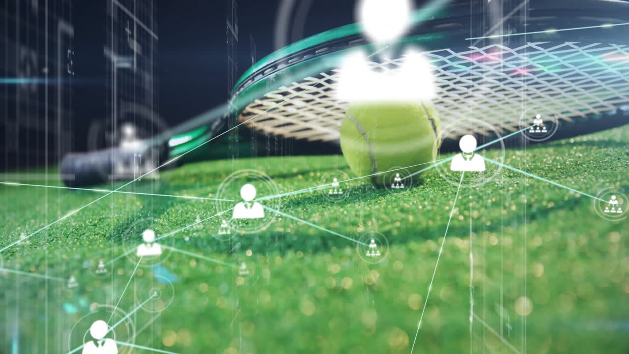 Tennis ball and racket lying on green grass, showing semi-transparent network icons, glowing lines