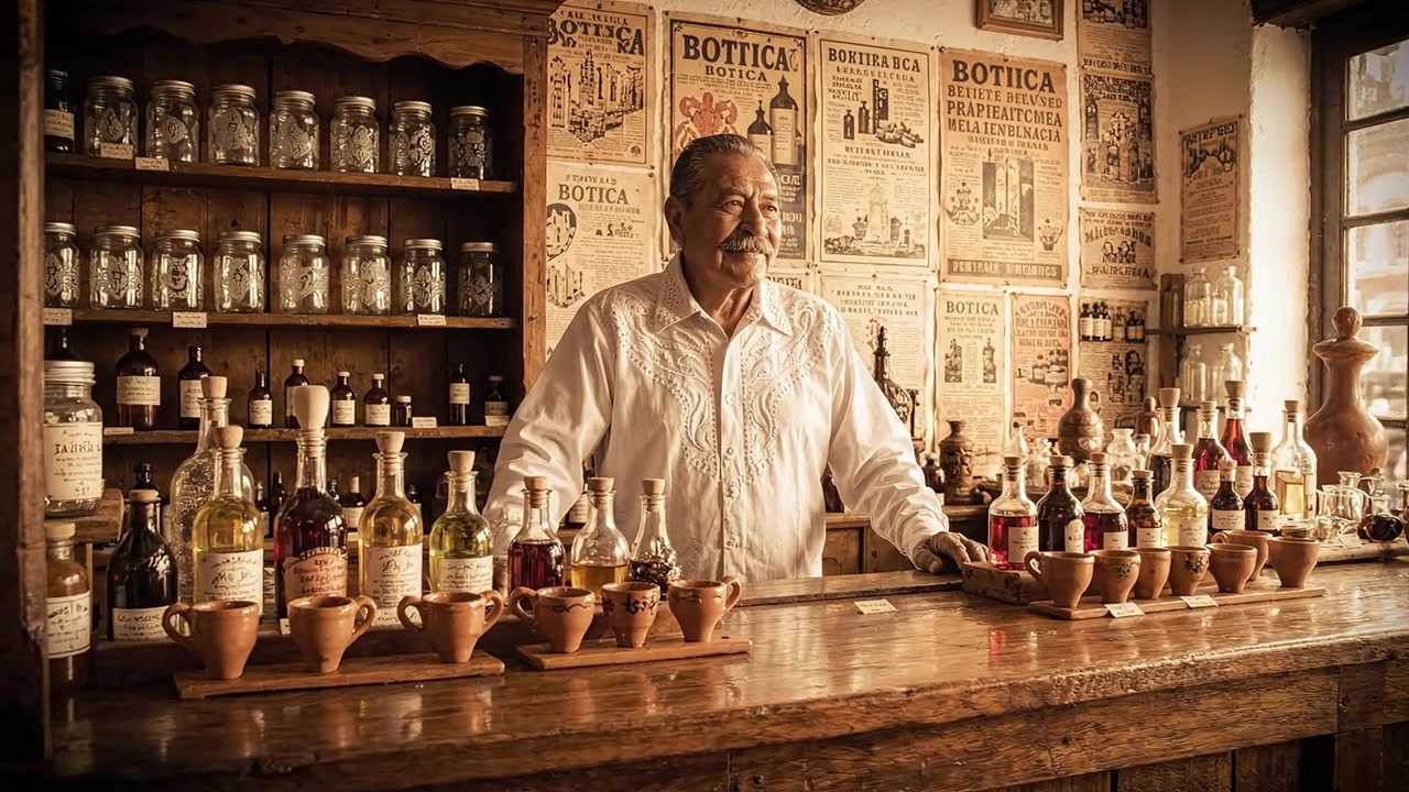 Traditional Bartender Showcasing Unique Bottled Spirits in a Vintage Apothecary Setting Filled with Antique Decor and Rich Cultural Heritage
