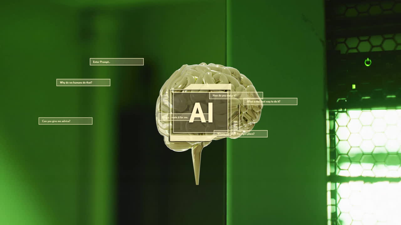 Animation of ai text, brain and data processing over computer servers