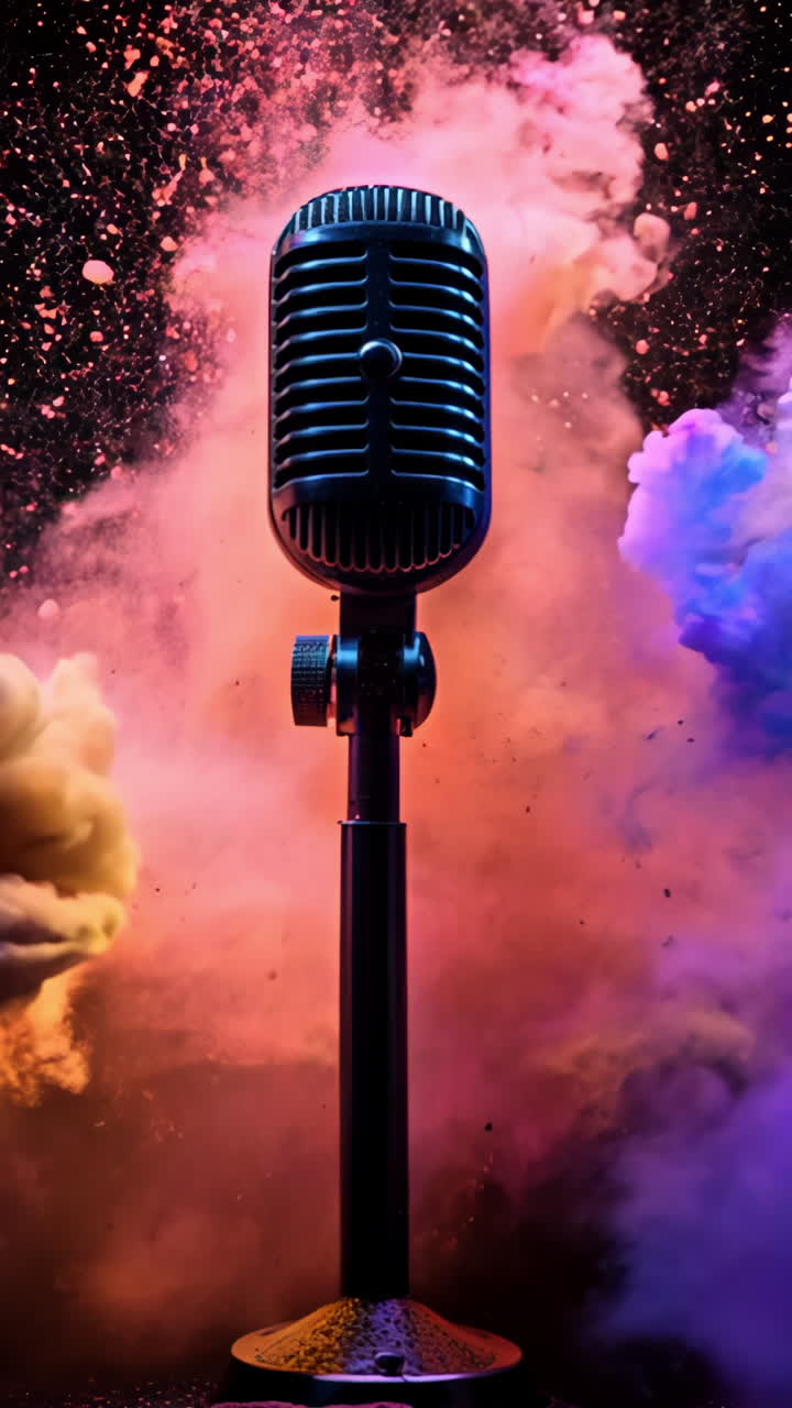 A microphone is in the middle of a colorful explosion. The microphone is black and the explosion is pink, purple, and blue