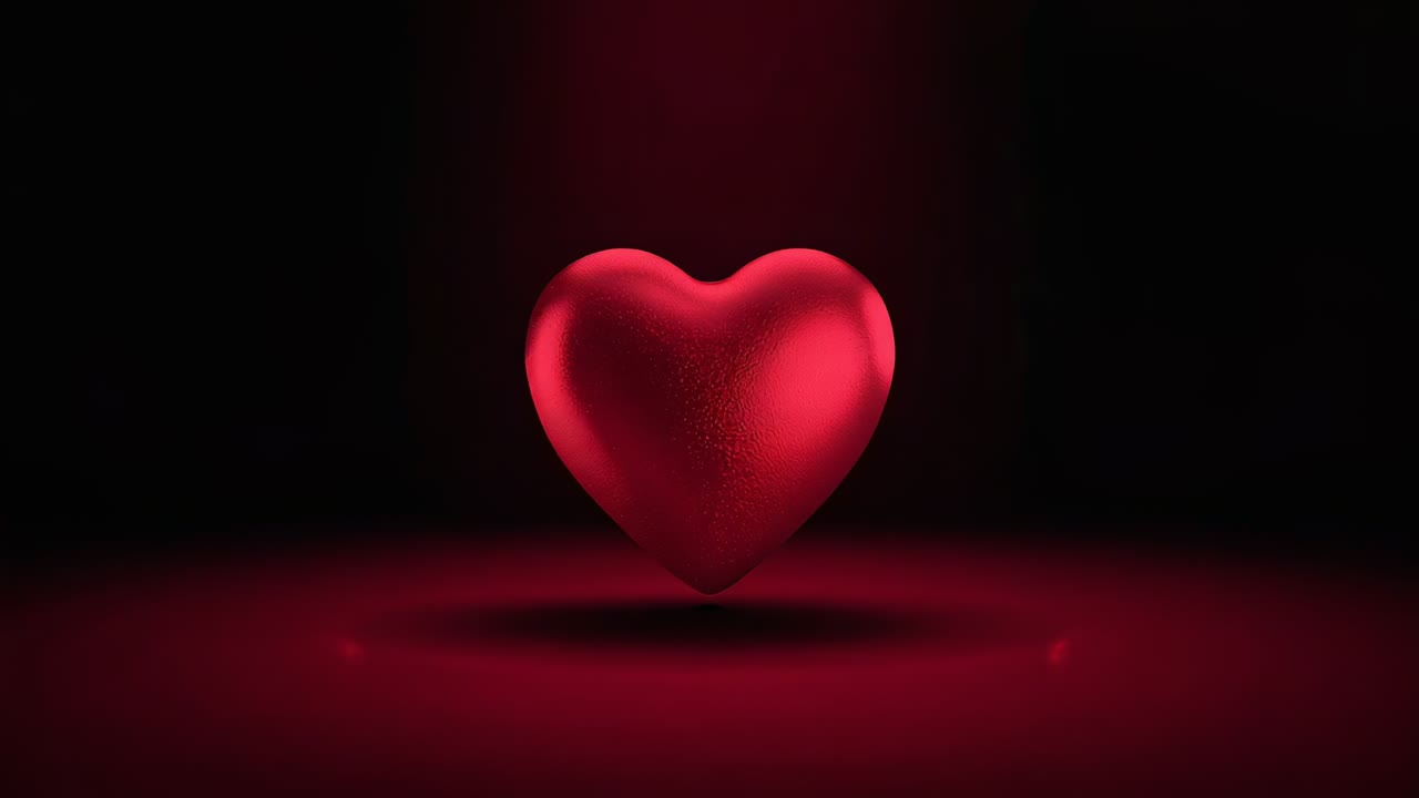 Stretto fascio di luce rossa, cuore 3D rosso che ruota in senso orario, che oscilla su un pavimento rosso intenso per lo spettacolo