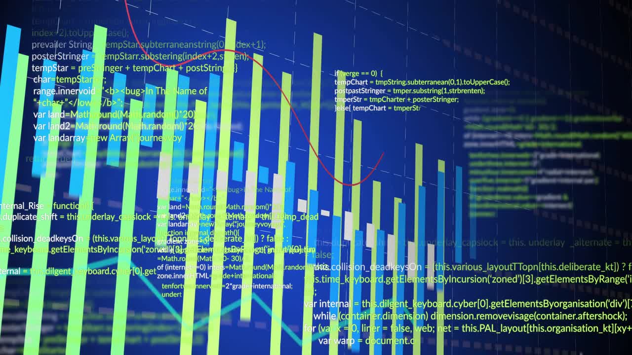 At start green blue bars rising 3D grid plane forming chart while code scrolling tracing trends