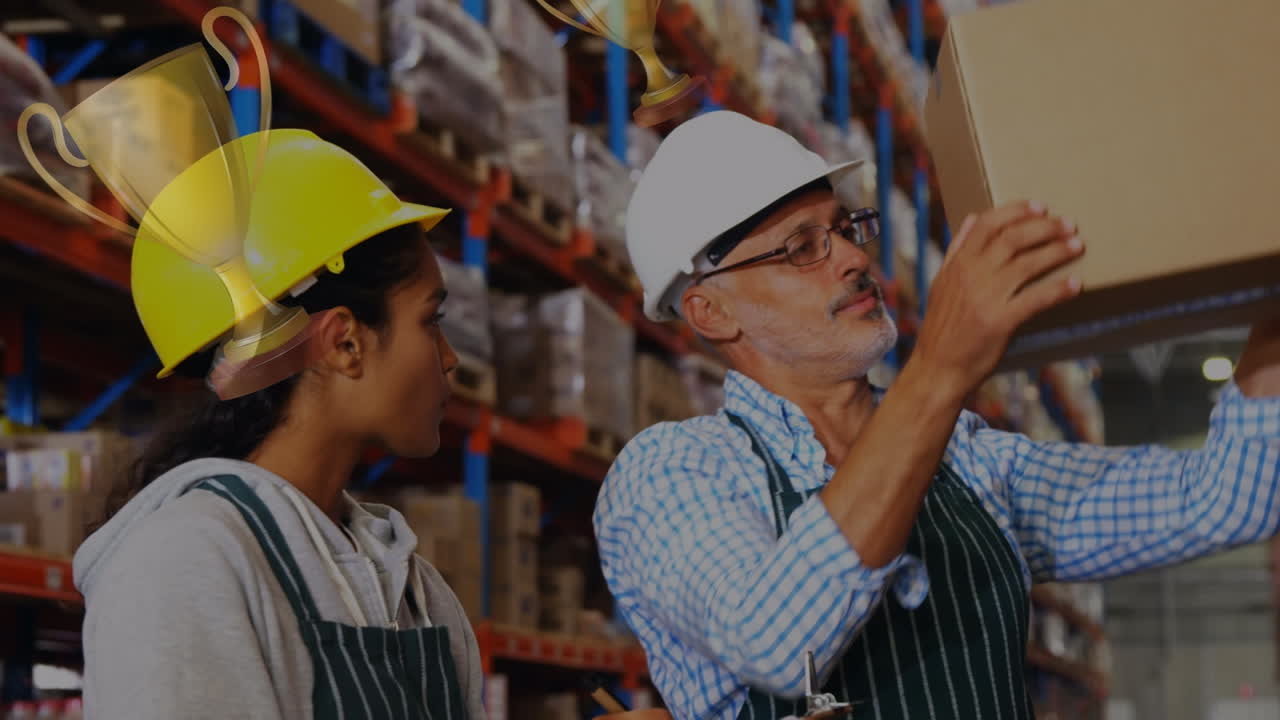 animación de iconos de tazas sobre diversos trabajadores hablando en el almacén