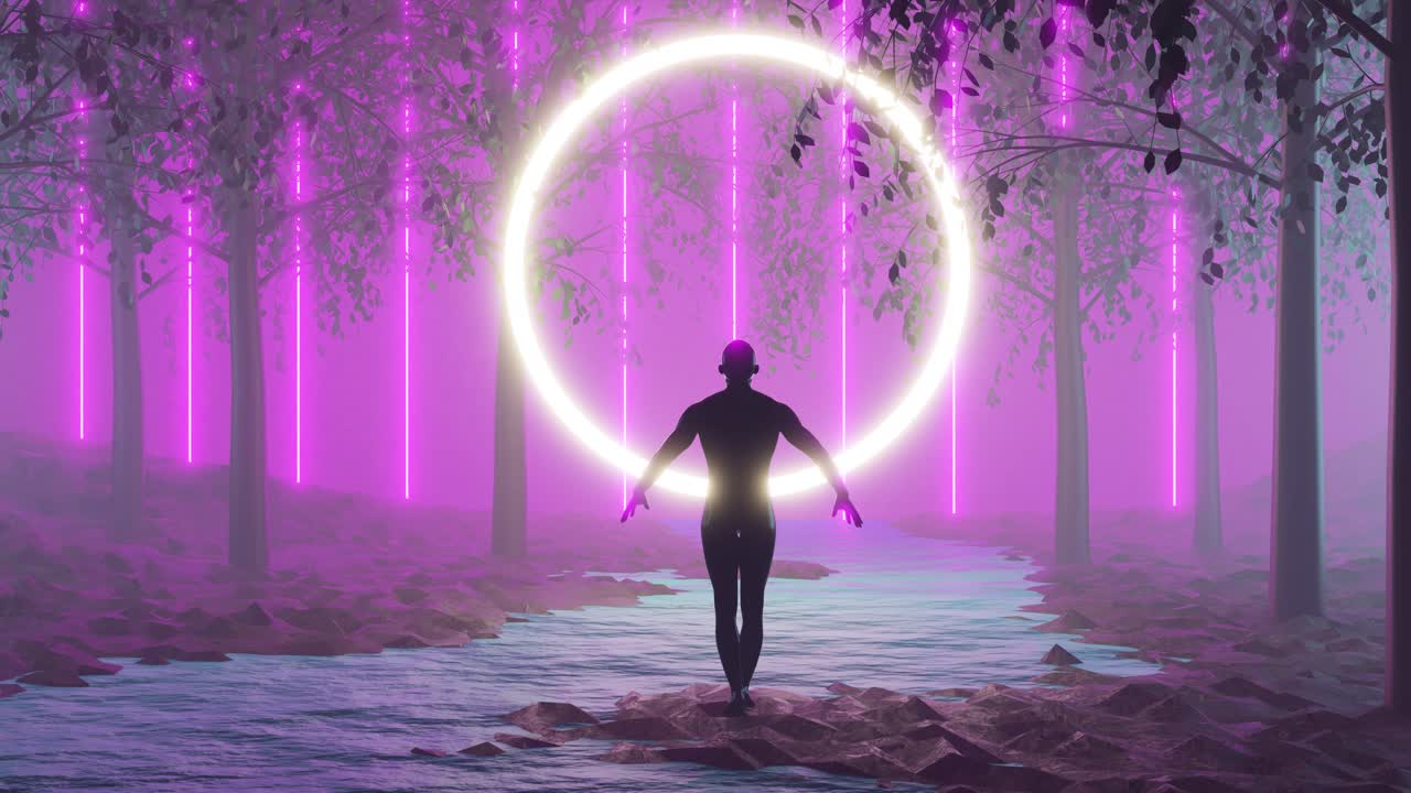 Neon Forest Pathway with Figure