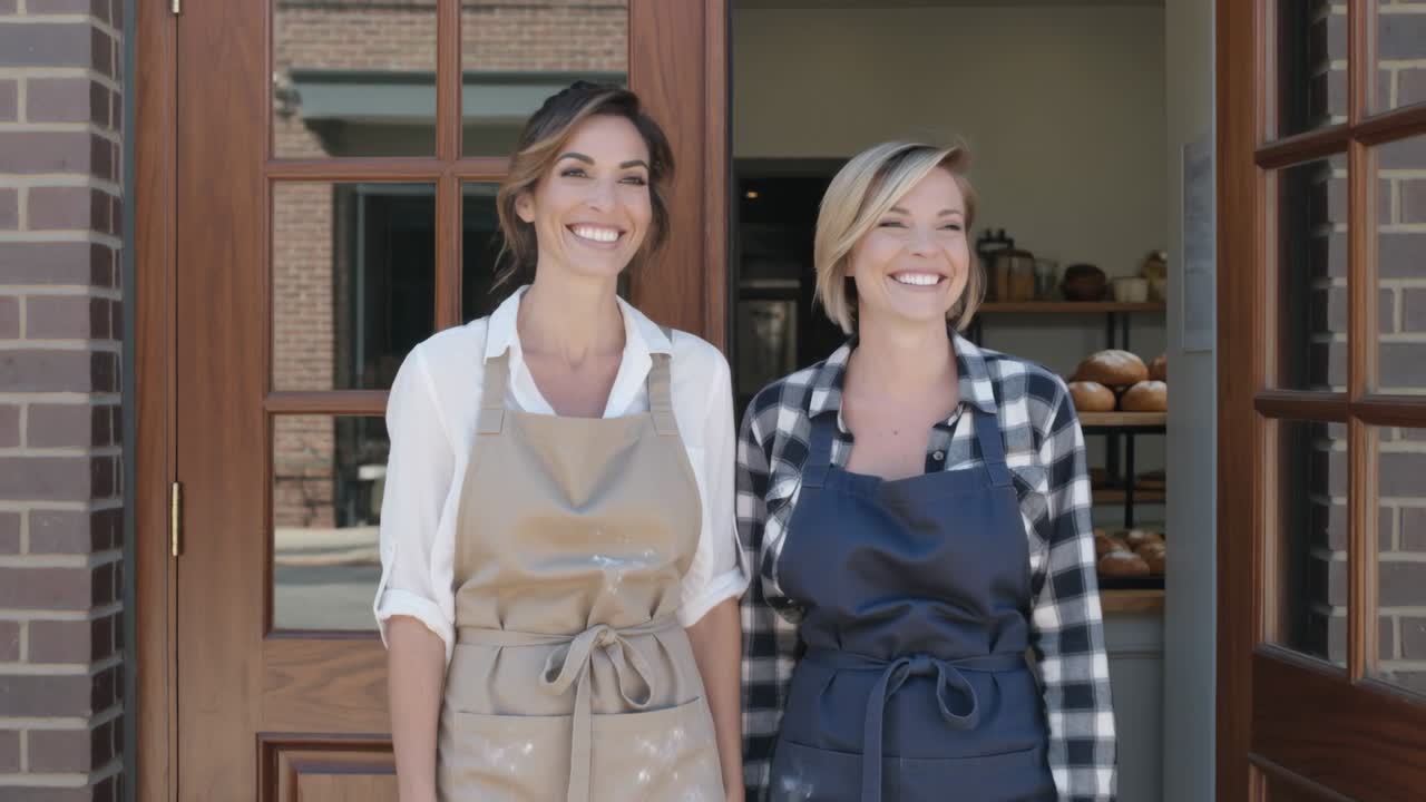 Entrando attraverso le porte aperte di una panetteria, due panettieri in grembiule sorridono con i pani e salutano i clienti