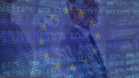 Animation-of-flag-of-eu-and-stock-market-over-diverse-business-people