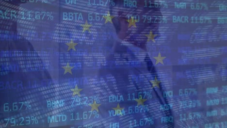 animation of flag of eu and stock market over diverse business people