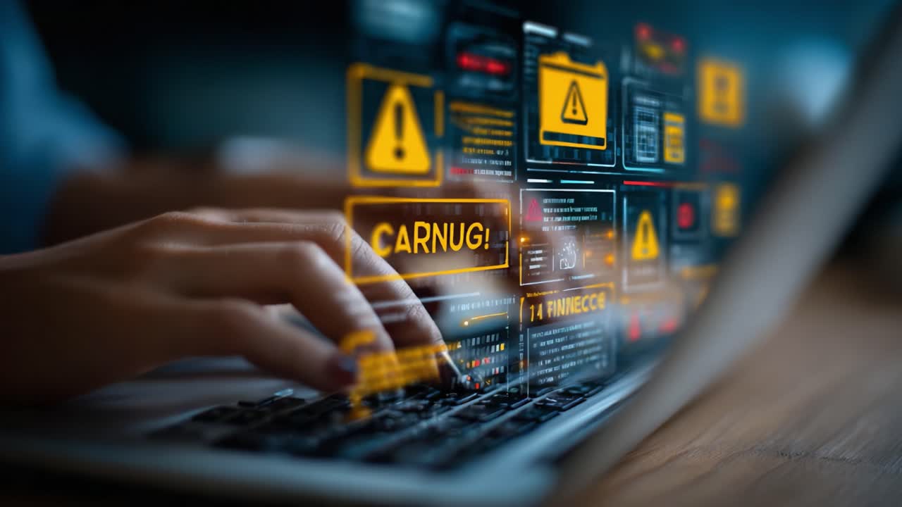 En bruker samhandler med en bærbar datamaskin, og navigerer gjennom et komplekst digitalt grensesnitt som viser varsler og meldinger, med vekt på cybersikkerhet og brukerengasjement.