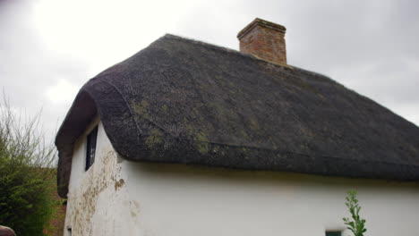 thatched cottage roof with distinctive curved design and a mossy texture, symbolizing traditional architecture