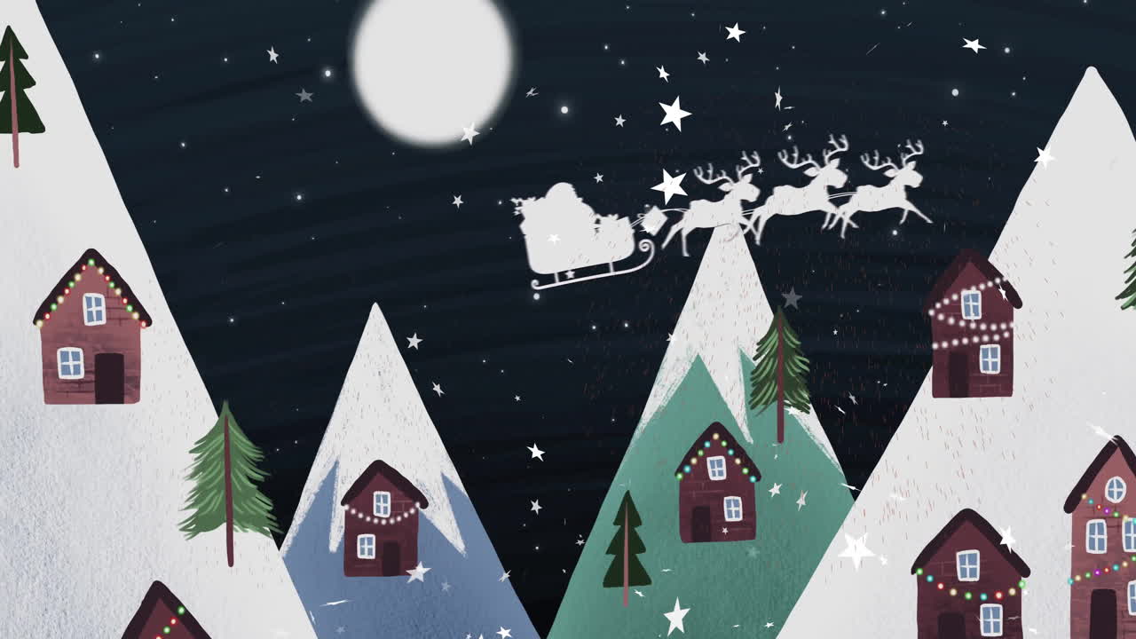 Animation of stars falling over santa in sleigh and winter scenery