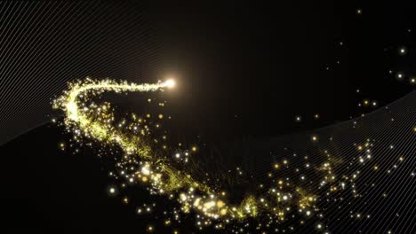 Animation-of-sparkling-gold-firework-over-white-parallel-curved-lines,-moving-on-black