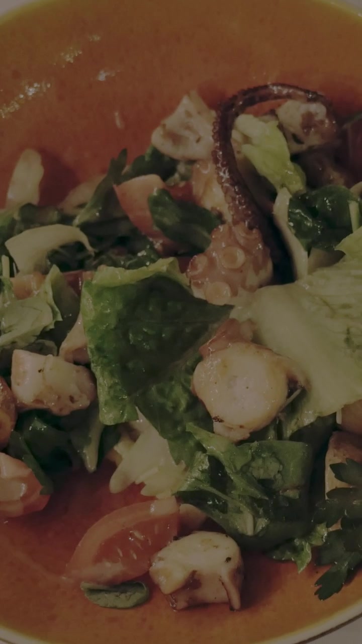 Having meal with octopus and vegetable salad