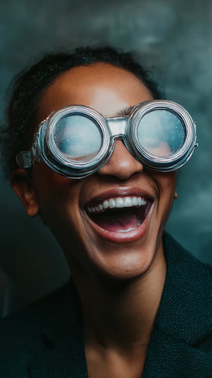 Joyful Enthusiasm: A Smiling Individual with Unique Protective Goggles Against a Softly Textured Background Capturing a Moment of Pure Happiness and Fun