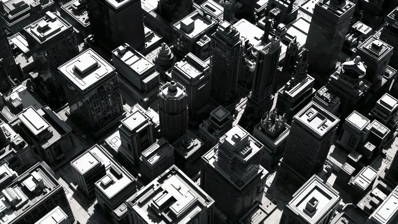 Gliding camera over tower cluster shifting across downtown, revealing rooftop HVAC domes shadows