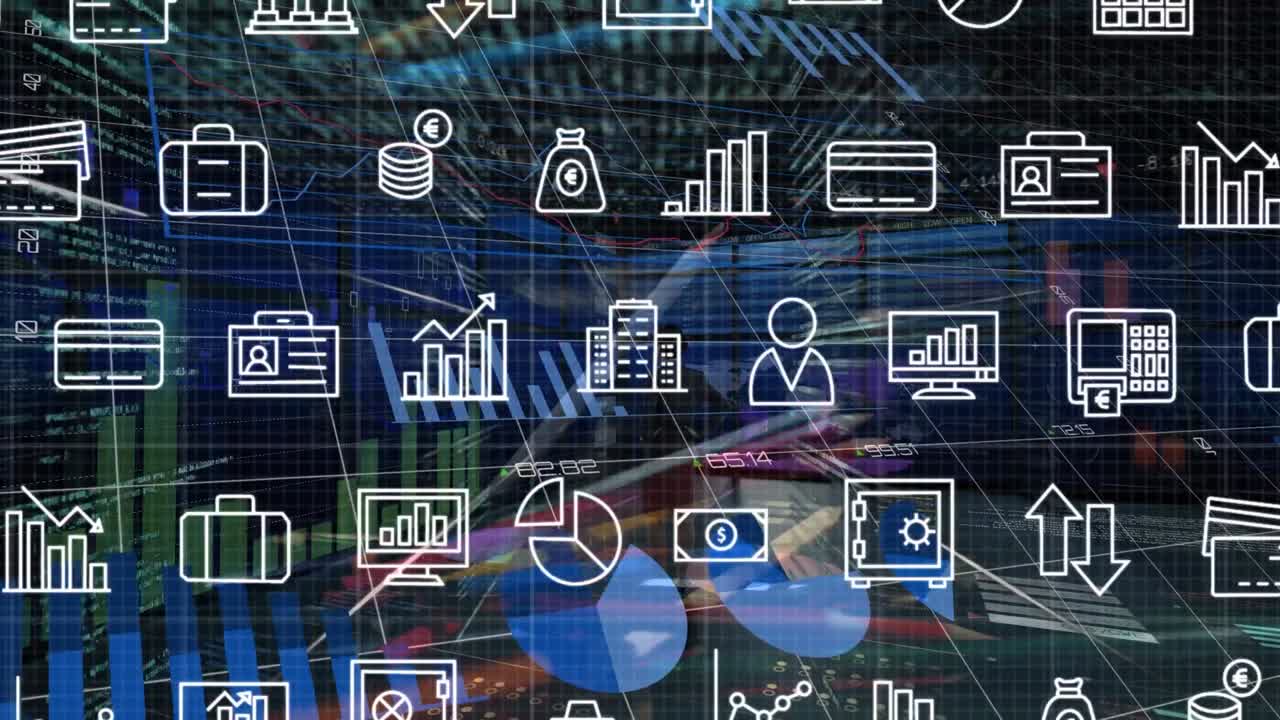 animación de iconos sobre datos financieros y espacio digital