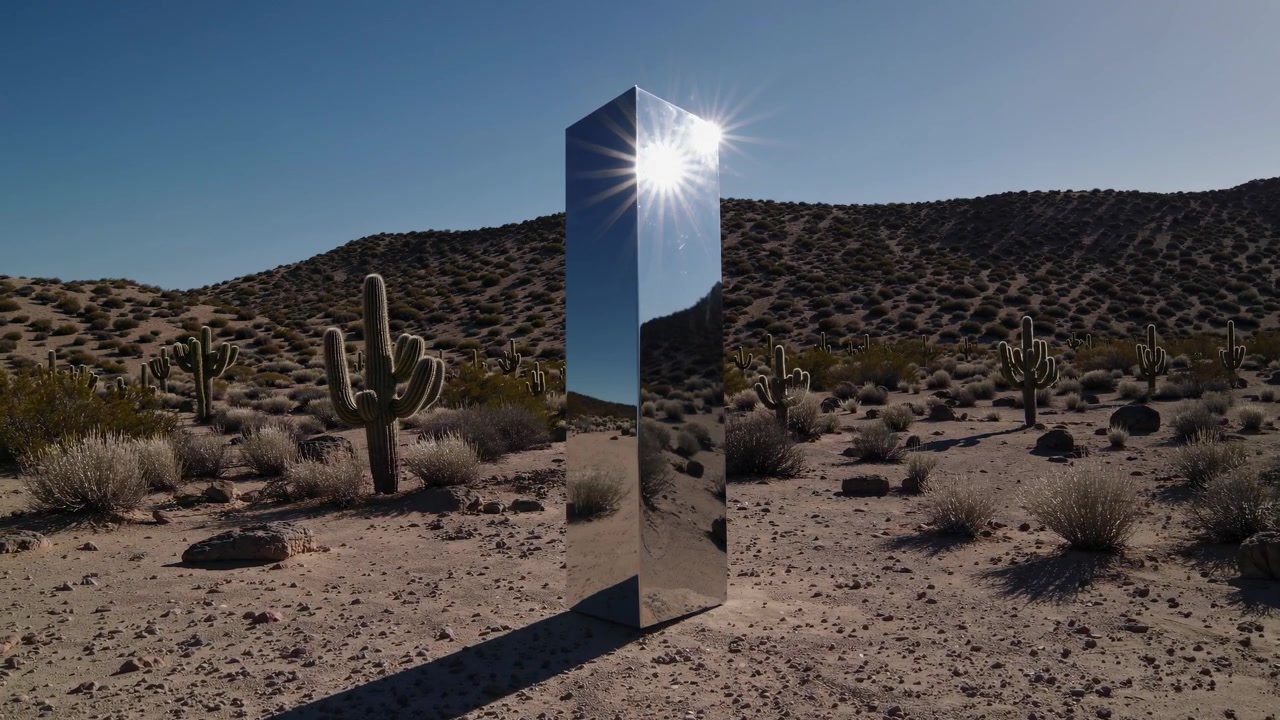Mysterious Metallic Monolith Standing in the Desert Landscape