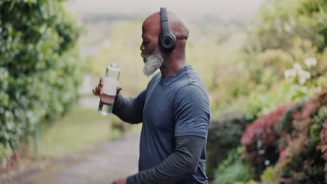 senior black man, fitness and drinking water