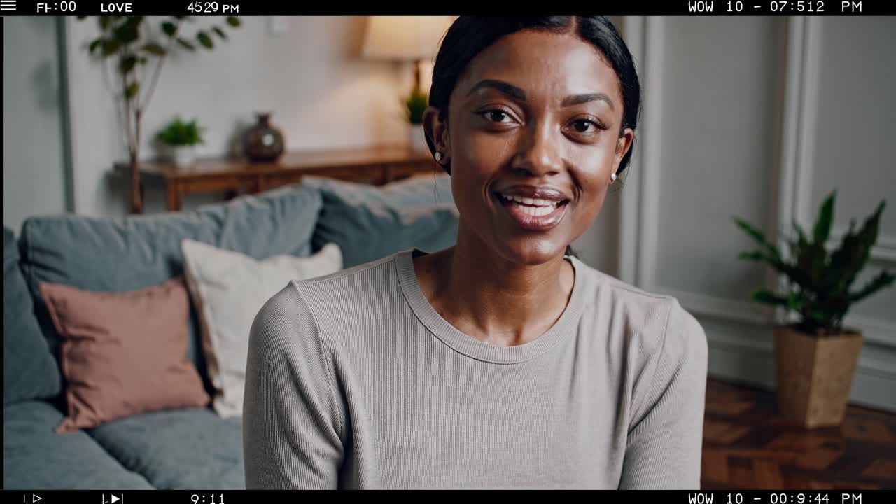 A woman smiles in a cozy living room, captured in a close-up, eye-level angle, resembling a video