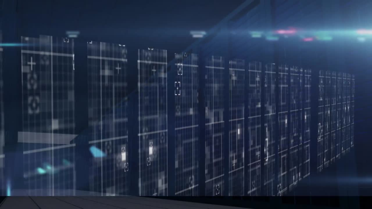 Animation of data processing over corridor with digital screens