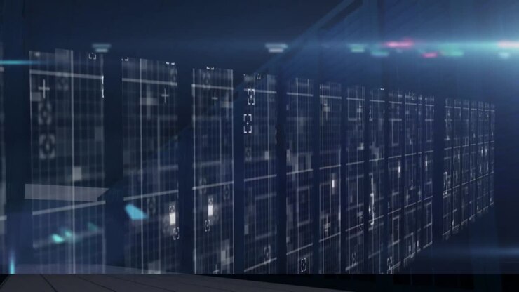 Animation of data processing over corridor with digital screens