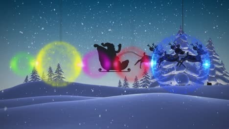 Animation-Von-Fallendem-Schnee,-Christbaumschmuck,-Schlitten-Und-Regenhirschen-über-Der-Winterlandschaft