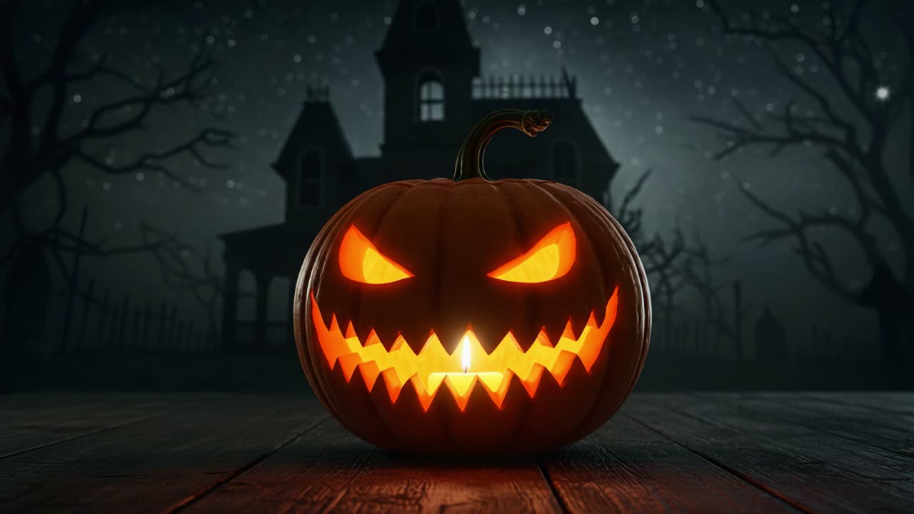A Grinning Jack-o'-Lantern Illuminates a Spooky Halloween Night Background with a Haunting Mansion, Creating an Eerie Atmosphere Full of Mystery and Frightening Shadows
