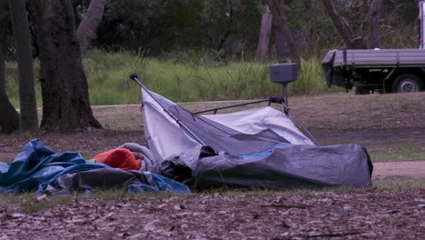 collapsed tent left unused, presumably intended for homeless persons, in a wooded area