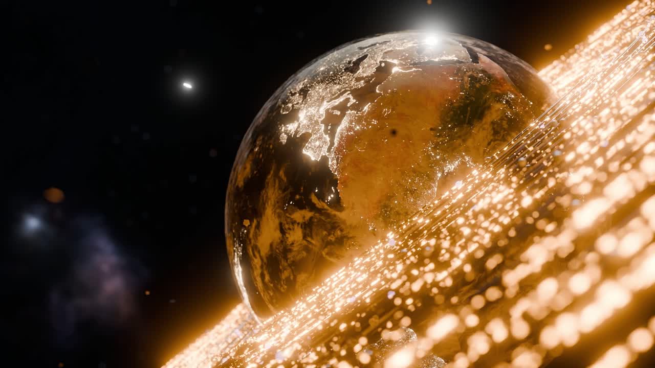 Glowing Earth showing illuminated Africa with yellow digital particles in outer space. 3D rendering with night lights and energy wave. Futuristic technology and global connection concept