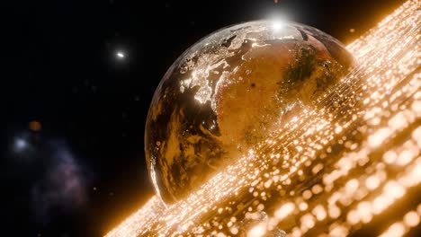 glowing earth showing illuminated africa with yellow digital particles in outer space. 3d rendering with night lights and energy wave. futuristic technology and global connection concept