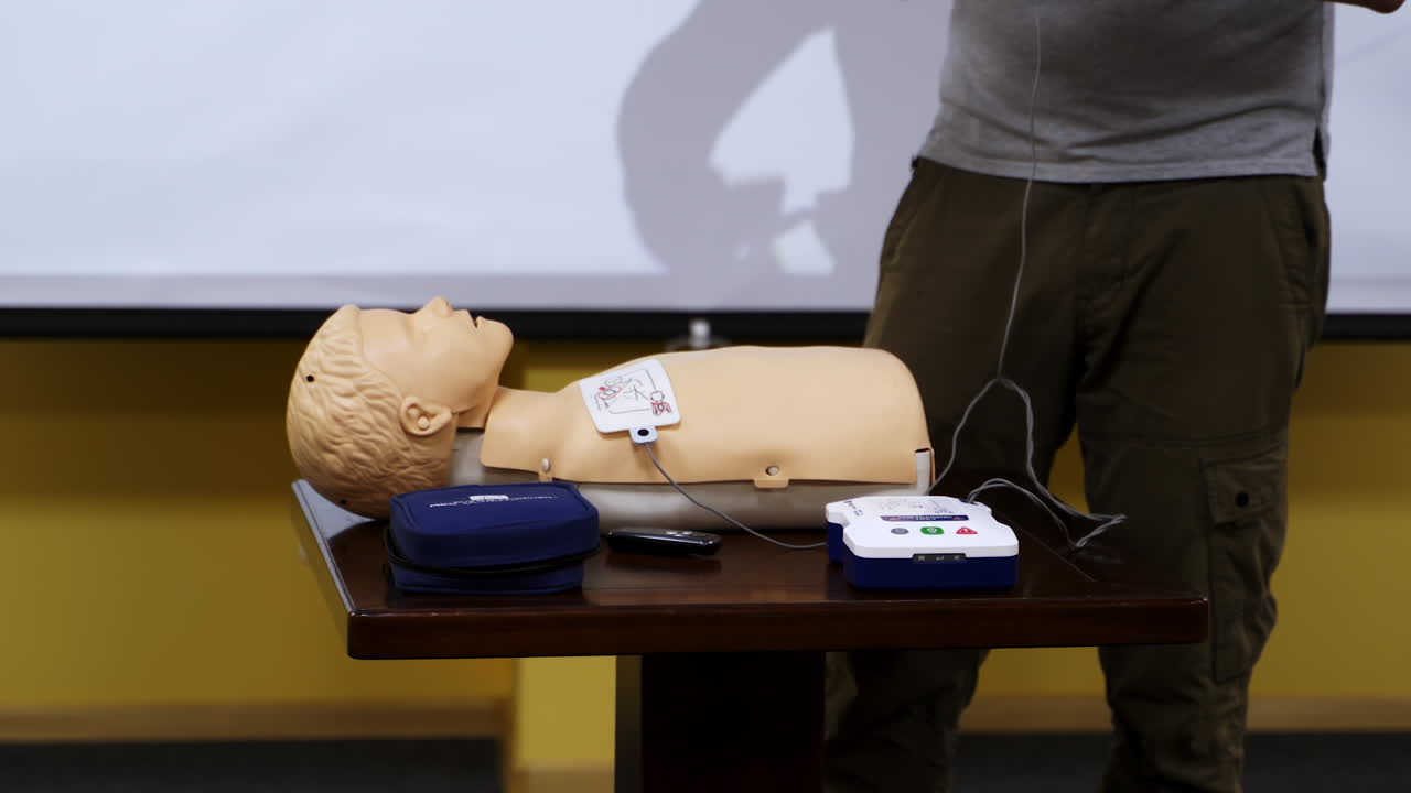 Practical advices for first aid on a mannequin. Trainer demonstrating on a dummy in emergency situation. Training course.
